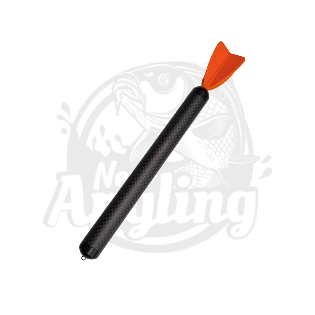 A large black carbon fibre marker float with orange flight and Nero Angling logo faded in the background