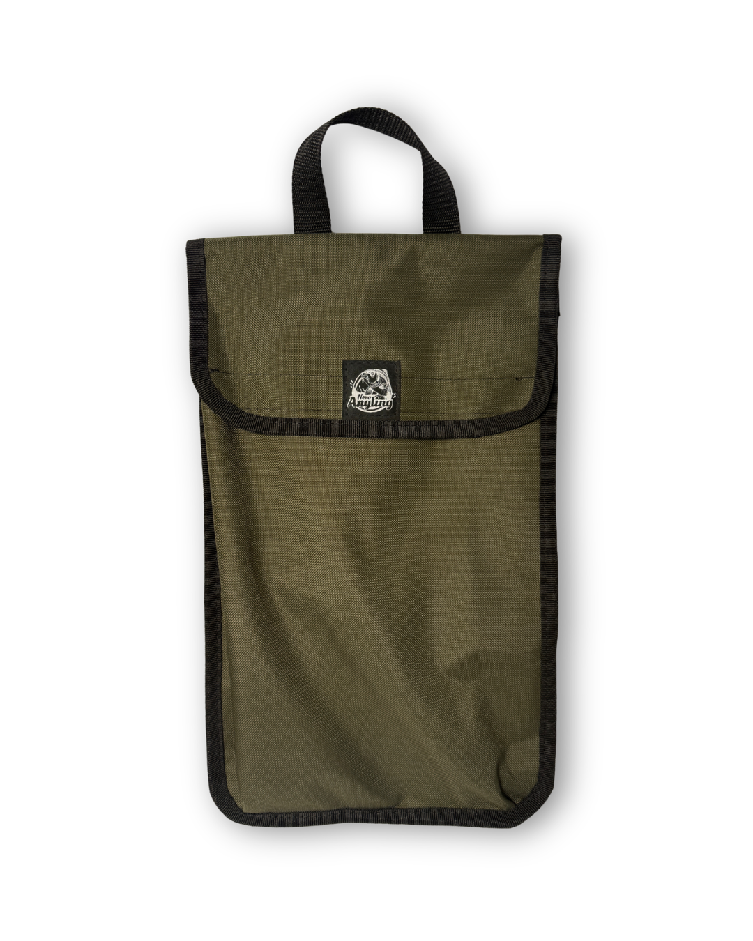 Green pouch with black trim and handle with black Nero Angling patch on the flap.