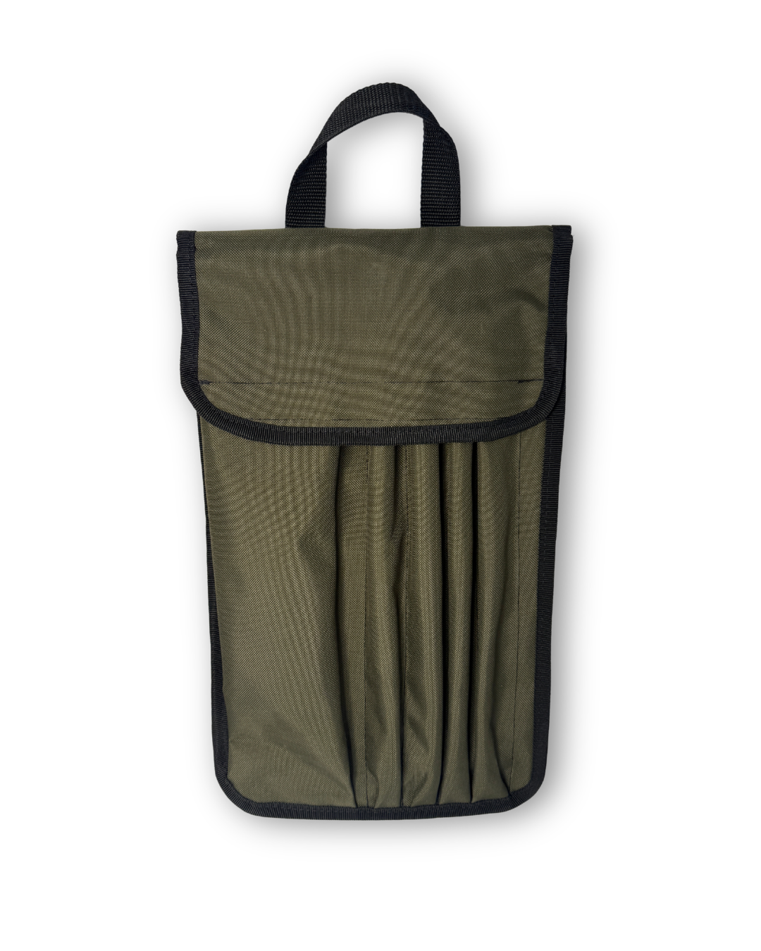 Green pouch with black trim and handle on a white background.