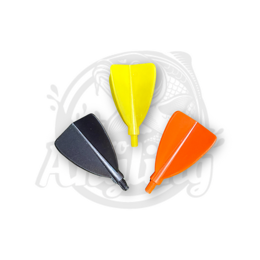 A set of 3 plastic flights for marker floats. 1 is black, 1 is yellow and 1 is orange with Nero Angling logo faded in the background.