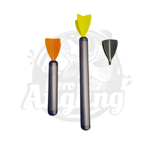 A set of 2 carbon fibre marker floats, one with an orange flight and one with a yellow flight with an interchangable black flight beside them. Nero Angling logo is faded in the background.