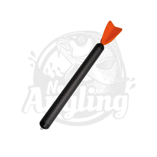 A large black carbon fibre marker float with orange flight and Nero Angling logo faded in the background