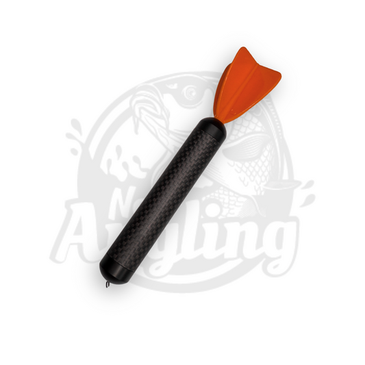 A small black carbon fibre marker float with orange flight and Nero Angling logo faded in the background